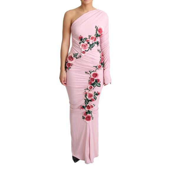 NWT DOLCE & GABBANA Pink Flower Embellished one shoulder dress Gown M 42 - Picture 1 of 7